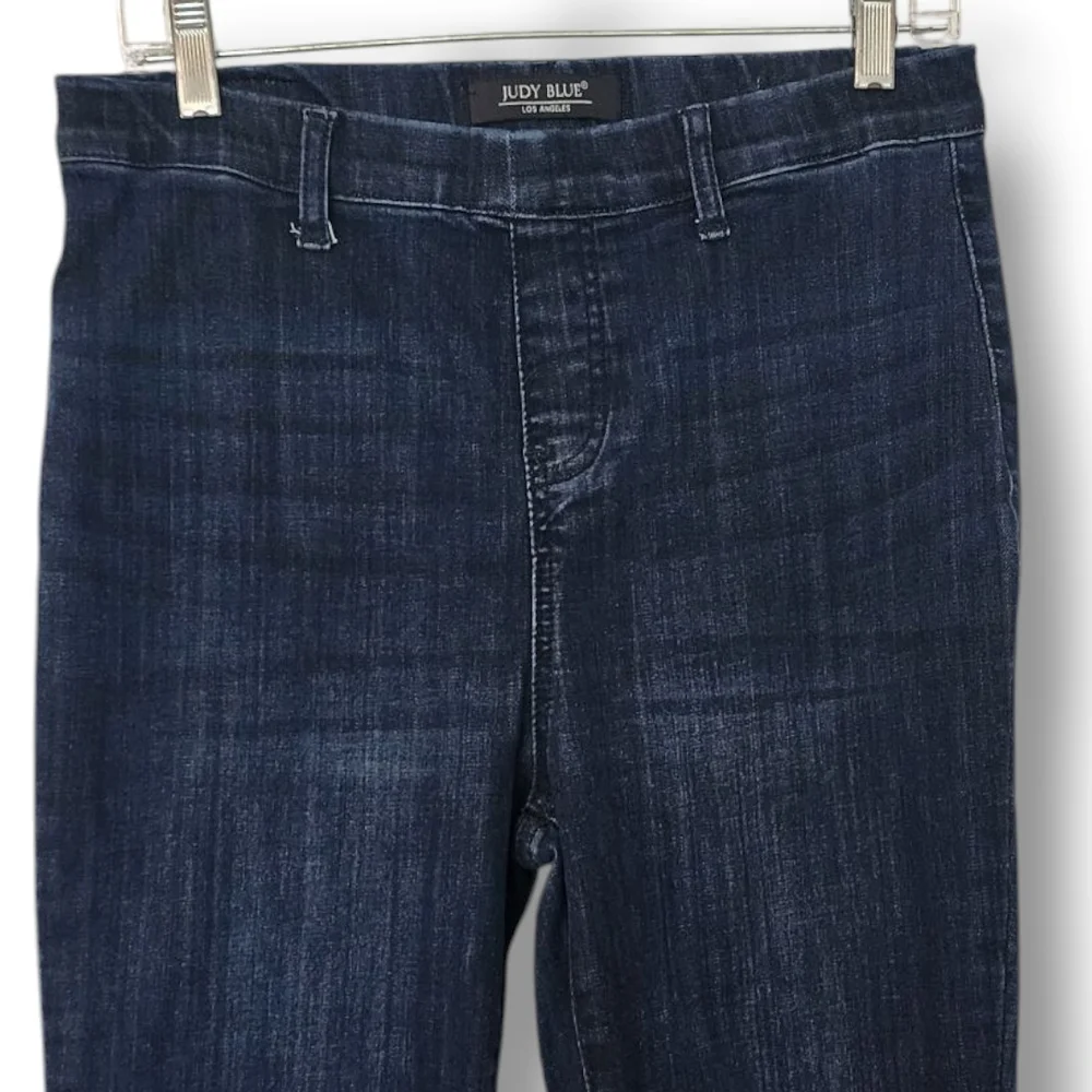 Judy Blue dark blue wash raw hem super stretch pull on super flare jeans 9/29 - Picture 3 of 13